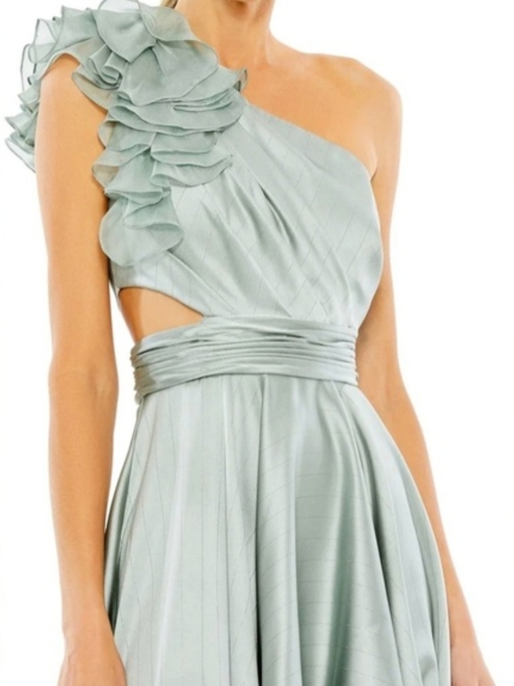 Mac Duggal Sage Green One-Shoulder Ruffle High-Low Gown - Picture 3 of 6